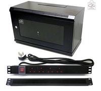 6U 450mm Black Wall Cabinet + 4 Way Power Unit + Brush Tidy Bar Rack Network