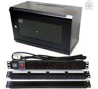 6U 450mm Black Wall Cabinet + C5e Patch Panel + 6 Way PDU + Brush Bar Rack Network