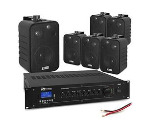 6x 4" Wall Mount Speaker PA System with Bluetooth Mixer Amplifier - 100V Background Audio Kit for Cafe, Restaurant, Bar & Shop - Compact Black Speaker Set
