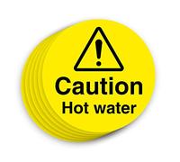 6x Caution hot water safety signs Set of 6, each sign is 65mm diameter. Self adhesive stickers