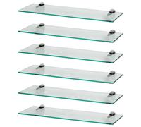 Harbour Housewares 6X Floating Glass Shelves - 60Cm - Silver Brackets - Bathroom Shower Storage Vanity Display Unit Shelf