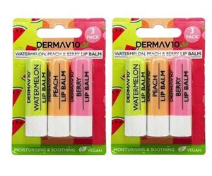 6x Derma V10 Lip Balms: Watermelon, Peach, Berry - Bundled by Smart Cutie