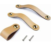 6X Drawer Pulls Handmade Genuine Leather Dresser Cabinet Knob Handles Adjustable Door Handle Kitchen Pulls Knobs with 22mm Screws, Hole Distance: 96mm-Beige