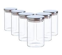 Argon Tableware Scandi Storage Jars with Metallic Silver Lids - 1000ml - 6 Pack - Modern Round Organisation Container Glass Jar for Kitchens, Pantry, Bathrooms, Utility Rooms