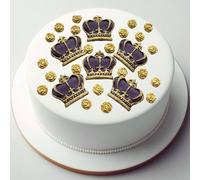 6x Kings Coronation Royal Purple Crowns Edible Cake Topper, Sugar Gold Roses King Charles Decorations