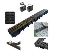 6x Novadrain High Flow Drain Channels 1m with Endcap Outlet Pack | Black High-flow drainage channels with plastic grating and endcap outlet for driveways and EV-rated areas