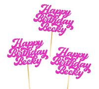 6X Personalised, Double Sided, Handmade Happy Birthday Glitter Cupcake Toppers by Cakeshop | Custom Colour Any Name 480gsm Glitter Cupcake Decorations | Pink
