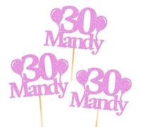 6X Personalised, Double Sided, Handmade Happy Birthday Glitter Cupcake Toppers by Cakeshop | Custom Colour Any Name & Age Balloons 480gsm Glitter Cupcake Decorations | Baby Pink