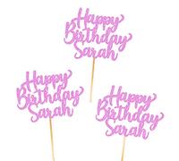 6X Personalised, Double Sided, Handmade Happy Birthday Glitter Cupcake Toppers by Cakeshop | Custom Colour Any Name 480gsm Glitter Cupcake Decorations | Baby Pink