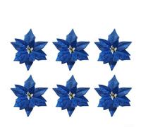 6X Poinsettia Glitter Flower Tree Hanging Decorations for Seasonal Parties and Home Festive Ornaments Christmas Celebration 22cm (Blue)