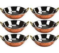 6X Premium Hammered Copper & Stainlees Steel Serving Balti Dish Bowl Wok with Brass Handles (15cm)
