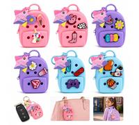 6x Random Charmz Mini Backpack Keyring, Silicone Clip-On Bag with 3 Starter Charms, Customisable Mini Backpack Accessory, Plastic Hook - 10cm