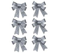 6x Silver Glitter Christmas Tree Bows, Christmas Ribbon Bows Ornaments Xmas Tree Decoration Bows, Wrapping Craft Supplies 11cm