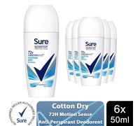 Sure Women 72H Motion Sense Antiperspirant Deodorant Roll-on with 0% Alcohol Nonstop Odour Protection, Cotton Dry 50ml (Pack of 6)