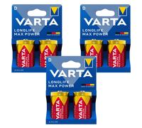 6x Varta Longlife Max Power R-20 D 1.5V alkaline batteries