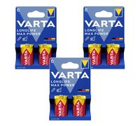 6x Varta Longlife Max Power R14 C 1.5V alkaline batteries