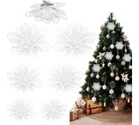 6x White Glitter Poinsettia Christmas Tree Decorations - Artificial Flowers with Clips for Xmas Tree, Wreath, Garland & Home Décor - Sparkling White Christmas Ornaments for Holiday Decoration