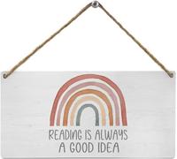 6x12 Inch Reading Corner Boho Rainbow Classroom Decor, Reading Is Always A Good Idea Wood Wall Decor Wood Plaque Sign Wall Hanging For School Nursery Library Home Office