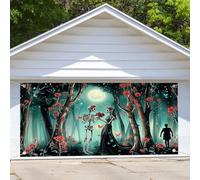 6X13ft Misty Spooky Forest Halloween Garage Door Cover Rose Skeleton Skull Mystery Scary Woods Cemetary Photo Backdrop Wizard Sorcerer Themed Party Banner Garage Door Decoration Background