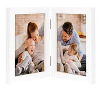 6x4 Double Photo Frame, Hinged Folding Wood Picture Frame with Glass Front Stand Vertically on Desktop or Tabletop (6x4 BiFold White)