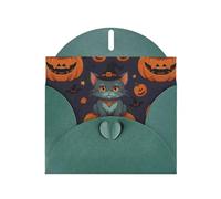 6x4 inch kitten devil pumpkin Dark Green prints greeting card with envelope, suitable for birthday wishes, wedding congratulations