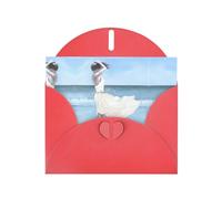 6x4-inch Red Girl On A Windy Beach print Greeting Card Set with Envelope - Wedding/Birthday Invitations