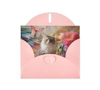 6x4 inch Sitting grey cat Pink prints greeting card with envelope, suitable for birthday wishes, wedding congratulations