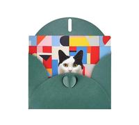 6x4 inch White cat with black ears Dark Green prints greeting card with envelope, suitable for birthday wishes, wedding congratulations