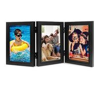 6x4 Tri Photo Frame, Hinged Folding Wood Picture Frame with Glass Front, Stands Vertically on Desktop or Tabletop (6x4 TriFold Black)