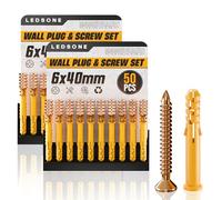6x40mm Wall Plugs and Screws Set, (2 x 50 Pack) Heavy Duty Masonry Fixings Kit for Brick, Concrete & Plasterboard - Strong DIY Universal Raw Plugs & Screws Anchor Bolts