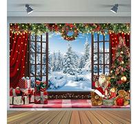 6x4FT Christmas Backdrop Winter Window Wonderland Xmas Tree Santa Claus Bear Gifts Photography Background Family Kids Portrait Photoshoot Holiday New Year Party Decorations Banner Photo Booth Props
