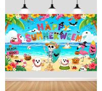 6X4ft Happy Summerween Backdrop, Summer Halloween Party Background Tropical Beach Skeleton Ghost Flamingo Photography Backdrop for Kids Summerween Party Decorations Banner Photo Studio Props