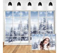 6x4ft Winter Window Backdrop Forest Pine Trees Nature Snowy Scenery Wonderland Background Happy New Year Party Decorations Supplies Family Christmas Winter Scene Photo Booth Props