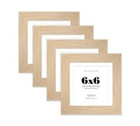 6x6" Oak Square Frame With Mount for 5x5" Pictures 28mm Edge Frame Display with Wall Hooks and Kickstand, 4 Pack