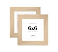 6x6" Oak Square Frame With Mount for 5x5" Pictures 28mm Edge Frame Display with Wall Hooks and Kickstand, 2 Pack