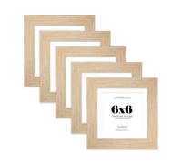 6x6" Oak Square Frame With Mount for 5x5" Pictures 28mm Edge Frame Display with Wall Hooks and Kickstand, 5 Pack