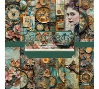 6x6 Scrapbook Paper Pad - CLOCKING Steampunk Gear 160gsm Cardstock, 24 Pcs Vintage Clock & Patina Texture Decorative Paper for Junk Journal Supplies, DIY Crafts