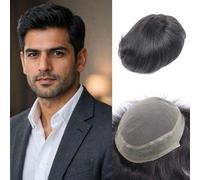 6x8 inch, 7x9 inch Men Toupee Mono Lace PU Hairpiece Replacement Capillary Prosthesis System 100% Human Hair Breathable Durable Men's Wig Natural Black (Q6, 7x9)