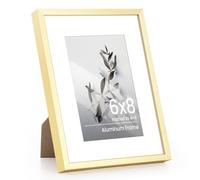 6x8 Photo Frame, Aluminium Gold 6x8 inch Picture Frame, 6x8 Poster Frame with Mount for 4x6 Photo with Tempered Real Glass, Tabletop & Wall Mounting Display Poster Frame for Home & Wall Decor