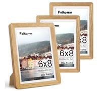 6x8 Picture Frame 3 PCS Natural Oak Solid Wood Photo Frame with HD Tempered Glass, Handcrafted Wooden Rounded Corner 6x8 Frame Matted to 5x7 Photo Frame, Wall or Tabletop Decor