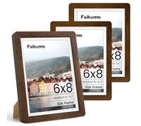 6x8 Picture Frame 3 PCS Natural Walnut Solid Wood Photo Frame with HD Tempered Glass, Handcrafted Wooden Rounded Corner 6x8 Frame Matted to 5x7 Photo Frame, Wall or Tabletop Decor