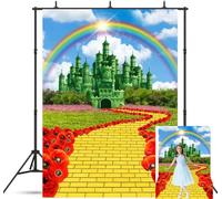 6X8FT Green Castle Backdrop Yellow Brick Road Party Decorations Background for Kids Adult Birthday Floral Rainbow Princess Wonderland Photography Banner