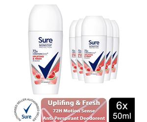 6xSure Women Motion Sense AP Deodorant Rollon 72H Nonstop, Uplifting&Fresh 50ml