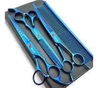 7.0 inch Titanium Professional Pet Grooming Scissors Set, Straight & Thinning & Curved Scissors, 3-Piece Set for Dog Grooming, A350 (Blue)