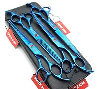 7.0 inches Professional Dog Grooming Scissors Set Straight & thinning & Curved 4pcs in 1 Set (Blue)