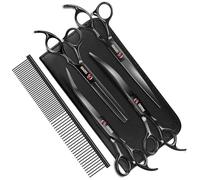 7.0in Titanium Professional Dog Grooming Scissors Set, GEMEK 6 in 1 Straight & Thinning & Upwards Curved & Downwards Curved Scissors & Comb for Dogs, Cats and Other Animals