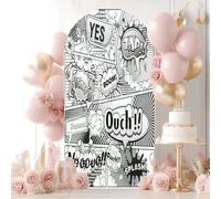 7.2FT Wedding Arch Backdrop Cover Black White Comic Book Page Divided by Lines Speech Bubbles Spandex Fitted Round Top Backdrop Stand Cover for Birthday Party Ceremony Banquet Decoration