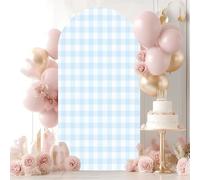 7.2FT Wedding Arch Backdrop Cover Light Blue Gingham Spandex Fitted Round Top Backdrop Stand Cover for Birthday Party Ceremony Banquet Decoration