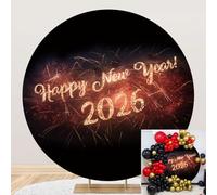 7.2x7.2ft 2026 Happy New Year Round Backdrop Cover Firework Photography Background Black Gold New Year's Eve Decorations Supplies Family Dinner Christmas Winter Holiday Photo Booth Banner Props