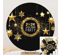 7.2x7.2ft 2026 Happy New Year Round Backdrop Cover Glitter Gold Spots Snowflake Photography Background Black Gold New Year Party Decorations Banner Family Christmas Winter Holiday Photo Booth Props
